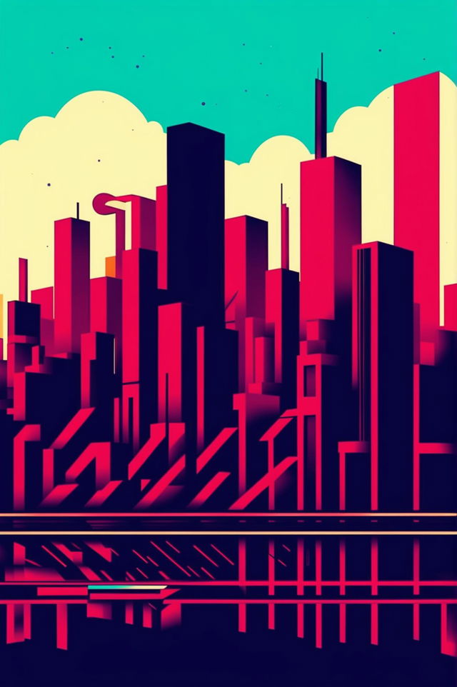 A vibrant, minimalist, abstract digital art piece depicting a cityscape