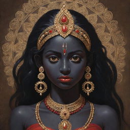 An artful illustration of young Indian goddess Kali, showcasing her traditional dark skin and divine attributes, but with a gentle expression of youth and innocence, set against a backdrop rich in spiritual symbolism.