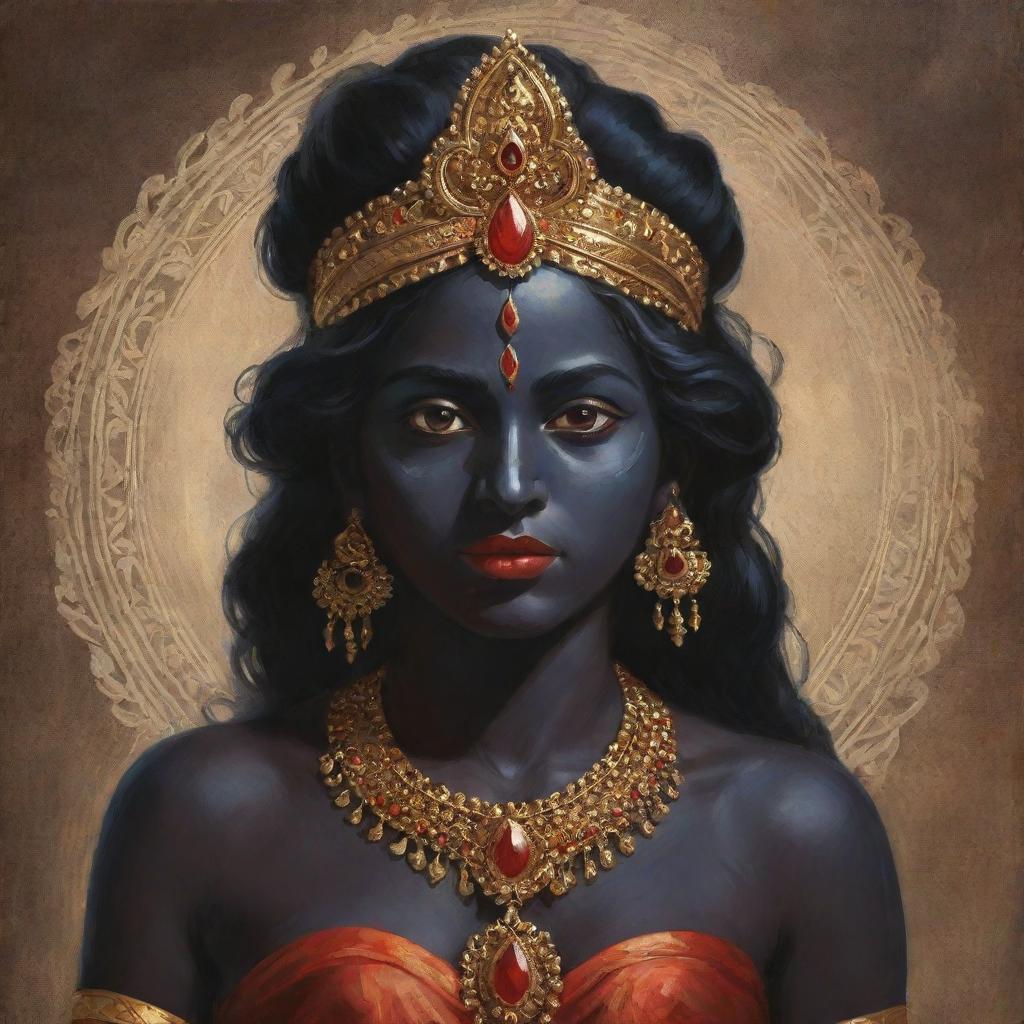 An artful illustration of young Indian goddess Kali, showcasing her traditional dark skin and divine attributes, but with a gentle expression of youth and innocence, set against a backdrop rich in spiritual symbolism.