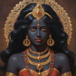 An artful illustration of young Indian goddess Kali, showcasing her traditional dark skin and divine attributes, but with a gentle expression of youth and innocence, set against a backdrop rich in spiritual symbolism.