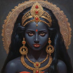 An artful illustration of young Indian goddess Kali, showcasing her traditional dark skin and divine attributes, but with a gentle expression of youth and innocence, set against a backdrop rich in spiritual symbolism.