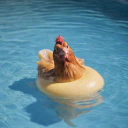 A chicken playfully swimming in a pool of rich, golden cheese