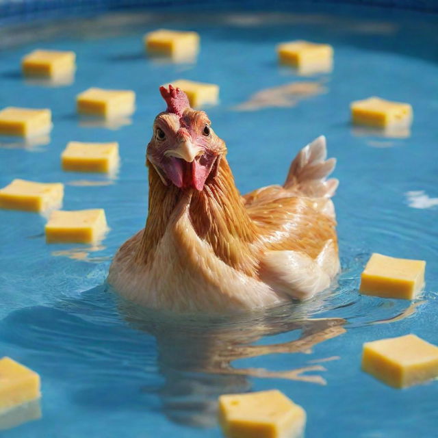 A chicken playfully swimming in a pool of rich, golden cheese