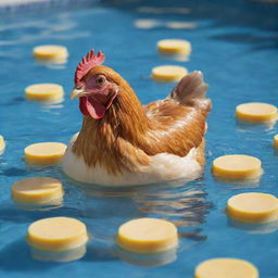 A chicken playfully swimming in a pool of rich, golden cheese