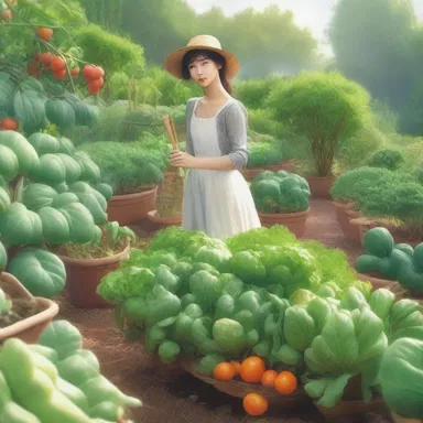 In the fantasy novel, the protagonist tends to a flourishing kitchen garden filled with rare and magical vegetables.