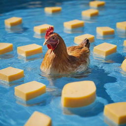 A chicken playfully swimming in a pool of rich, golden cheese