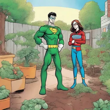 In the comic book series, the superhero transforms a barren backyard into a thriving kitchen garden to inspire others to grow their own vegetables.
