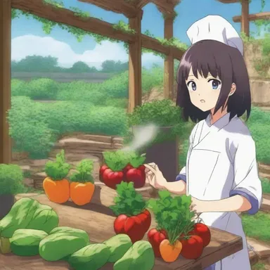 In the anime show, the main character discovers a hidden kitchen garden while exploring an abandoned temple, where they learn to cultivate and cook with fresh vegetables.