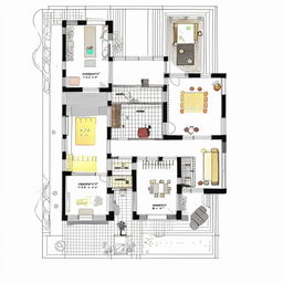 A detailed house plan for a 650 square feet house, including separate rooms, kitchen, bathroom, and living area, drawn in a minimalist style.