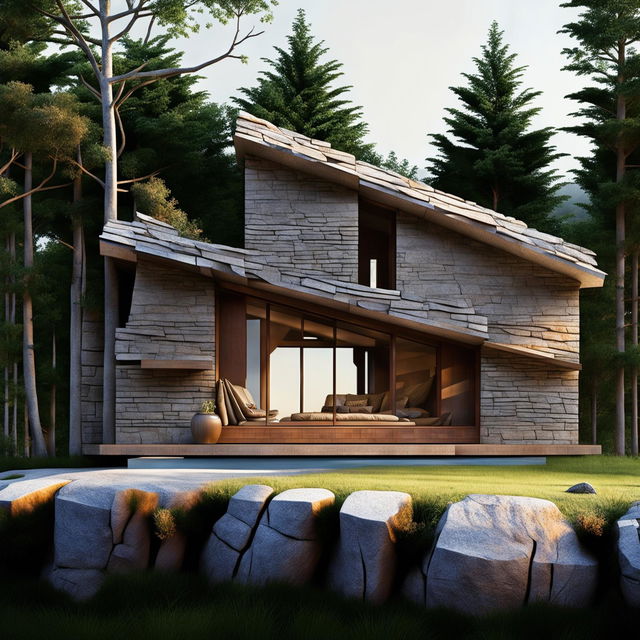 A super realistic HD photograph by Simon Devitt featuring a minimalist modern architectural cabin with a flat roof, made from intricately detailed stone and timber, bathed in soft lighting.