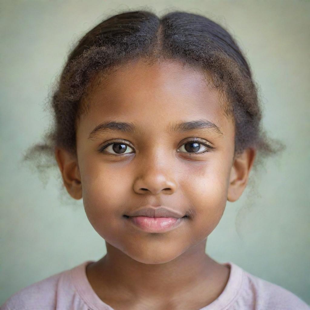 A serene, detailed portrait of a young girl with a hopeful expression, set against a gentle, pastel background.