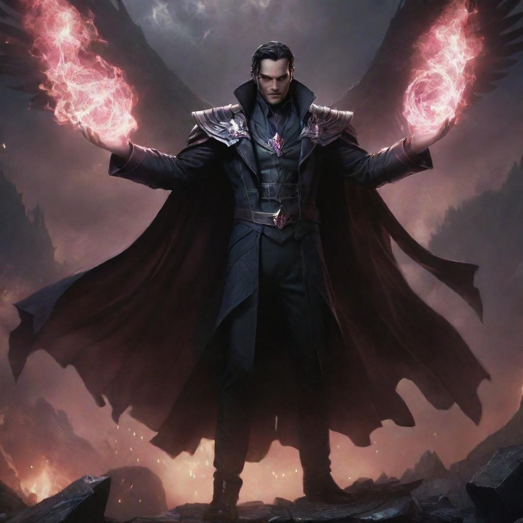 Swain from League of Legends standing in a dramatic pose, surrounded by arcane magic and a dark, foreboding battlefield.