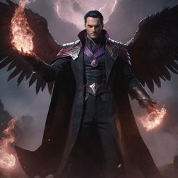 Swain from League of Legends standing in a dramatic pose, surrounded by arcane magic and a dark, foreboding battlefield.