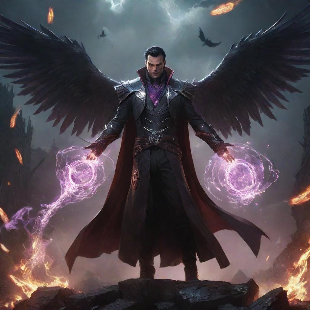 Swain from League of Legends standing in a dramatic pose, surrounded by arcane magic and a dark, foreboding battlefield.