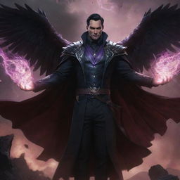 Swain from League of Legends standing in a dramatic pose, surrounded by arcane magic and a dark, foreboding battlefield.