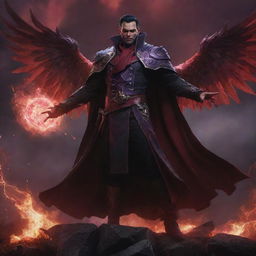 Swain from League of Legends standing in a dramatic pose on a battlefield, his arcane magic radiating in vibrant, intense hues of red, under a dark, ominous sky.