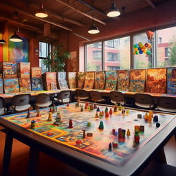 A vibrant game board room in a study hub, filled with various colorful, engaging board games spread across an inviting table, surrounded by cozy, fun-filled atmosphere.