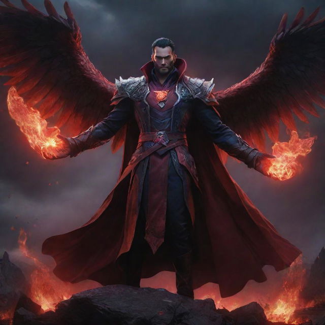 Swain from League of Legends standing in a dramatic pose on a battlefield, his arcane magic radiating in vibrant, intense hues of red, under a dark, ominous sky.