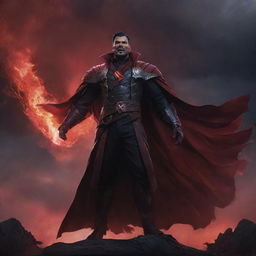 Swain from League of Legends standing in a dramatic pose on a battlefield, his arcane magic radiating in vibrant, intense hues of red, under a dark, ominous sky.