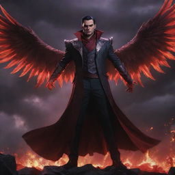 Swain from League of Legends standing in a dramatic pose on a battlefield, his arcane magic radiating in vibrant, intense hues of red, under a dark, ominous sky.