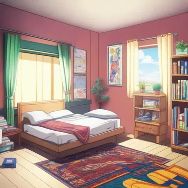 The protagonist's bedroom in the anime series was decorated with a vibrant rya rug.