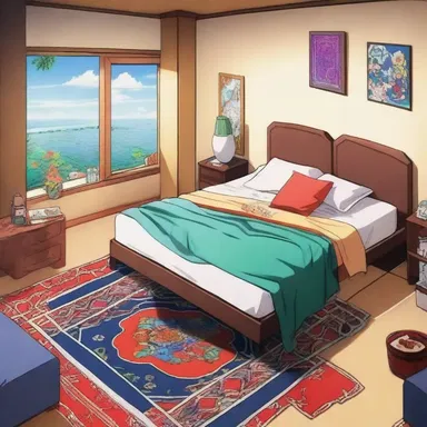The protagonist's bedroom in the anime series was decorated with a vibrant rya rug.