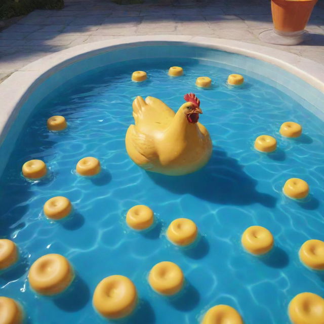 An animated scene featuring a large pool filled with melted cheese. A whimsical chicken is swimming joyously within its cheesy depths.