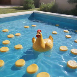 An animated scene featuring a large pool filled with melted cheese. A whimsical chicken is swimming joyously within its cheesy depths.