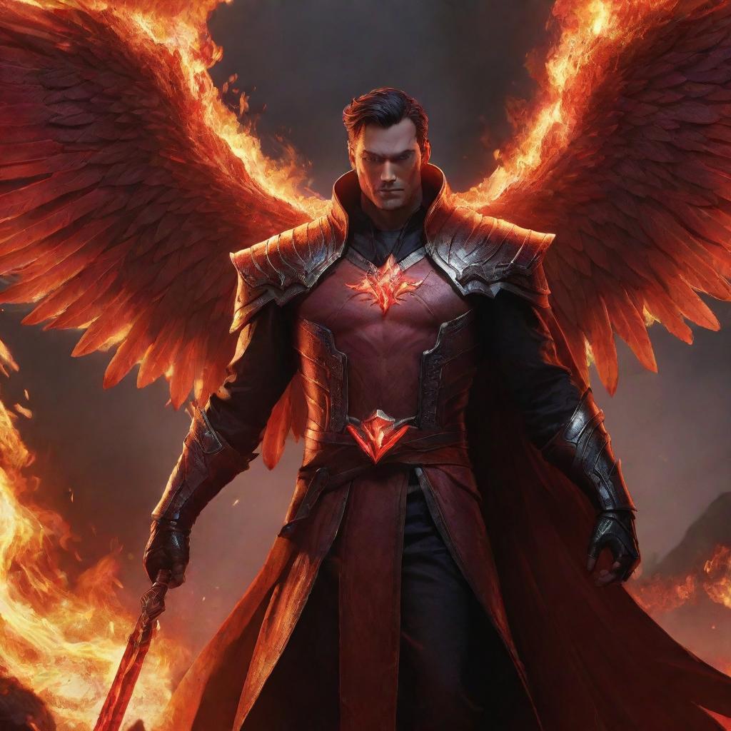 Swain from League of Legends showcasing powerful fiery red wings, standing amidst a flaming battlefield, his arcane magic radiating with intense shades of red.