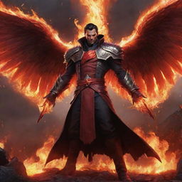 Swain from League of Legends showcasing powerful fiery red wings, standing amidst a flaming battlefield, his arcane magic radiating with intense shades of red.