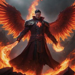 Swain from League of Legends showcasing powerful fiery red wings, standing amidst a flaming battlefield, his arcane magic radiating with intense shades of red.