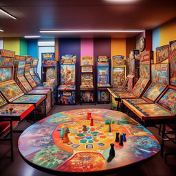 A vibrant game board room in a study hub, filled with various colorful, engaging board games spread across an inviting table, surrounded by cozy, fun-filled atmosphere.