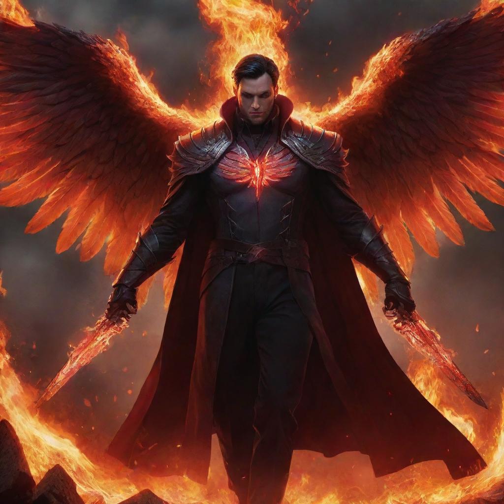 Swain from League of Legends showcasing powerful fiery red wings, standing amidst a flaming battlefield, his arcane magic radiating with intense shades of red.