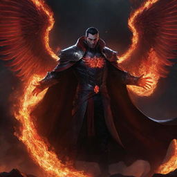 Swain from League of Legends, enveloped in darkness, intensifying his fiery red wings and the surrounding flames, his brilliant red arcane magic providing a stark contrast against the ominous black battlefield.