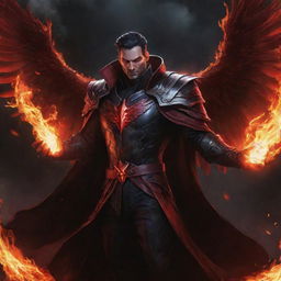 Swain from League of Legends, enveloped in darkness, intensifying his fiery red wings and the surrounding flames, his brilliant red arcane magic providing a stark contrast against the ominous black battlefield.