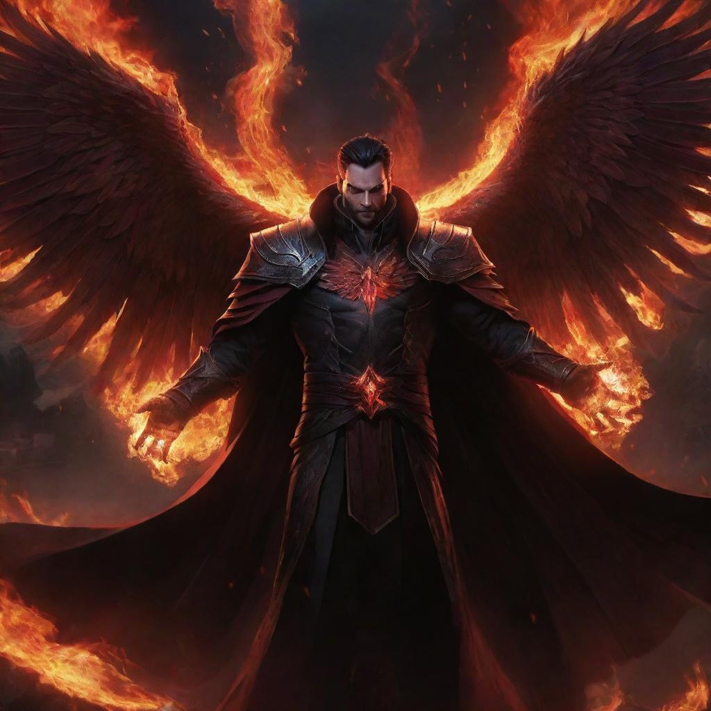 Swain from League of Legends, enveloped in darkness, intensifying his fiery red wings and the surrounding flames, his brilliant red arcane magic providing a stark contrast against the ominous black battlefield.