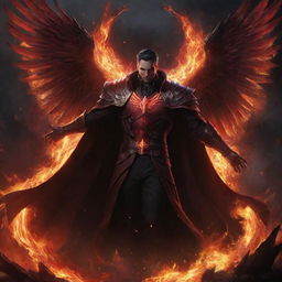 Swain from League of Legends, enveloped in darkness, intensifying his fiery red wings and the surrounding flames, his brilliant red arcane magic providing a stark contrast against the ominous black battlefield.