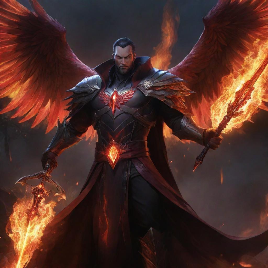 Swain from League of Legends with a mesmerizing, jeweled staff, engulfed by darkness, his fiery red wings spread wide, and a blaze of flames at his feet, his red arcane magic illuminating the pitch-black battlefield.