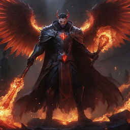 Swain from League of Legends with a mesmerizing, jeweled staff, engulfed by darkness, his fiery red wings spread wide, and a blaze of flames at his feet, his red arcane magic illuminating the pitch-black battlefield.