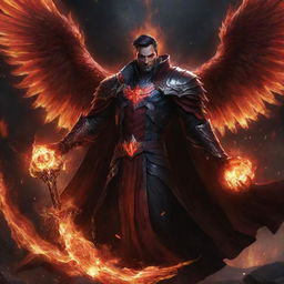 Swain from League of Legends with a mesmerizing, jeweled staff, engulfed by darkness, his fiery red wings spread wide, and a blaze of flames at his feet, his red arcane magic illuminating the pitch-black battlefield.