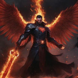 Swain from League of Legends with a mesmerizing, jeweled staff, engulfed by darkness, his fiery red wings spread wide, and a blaze of flames at his feet, his red arcane magic illuminating the pitch-black battlefield.