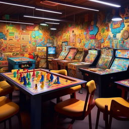 A vibrant game board room in a study hub, filled with various colorful, engaging board games spread across an inviting table, surrounded by cozy, fun-filled atmosphere.