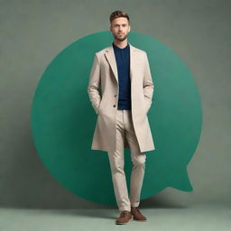 A stylish man in a casual pant coat, standing elegantly on a large, 3D Whatsapp logo.