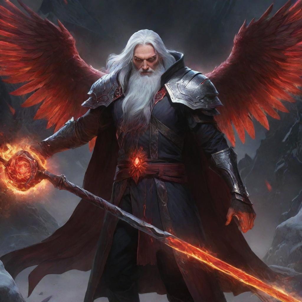 Swain from League of Legends with snow-white hair, holding an enigmatic jeweled staff, shrouded in darkness, his fiery red wings unfurled amidst a blaze, his vivid red arcane magic providing stark contrast against the obsidian battlefield.