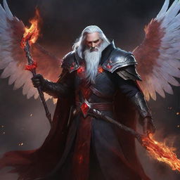 Swain from League of Legends with snow-white hair, holding an enigmatic jeweled staff, shrouded in darkness, his fiery red wings unfurled amidst a blaze, his vivid red arcane magic providing stark contrast against the obsidian battlefield.