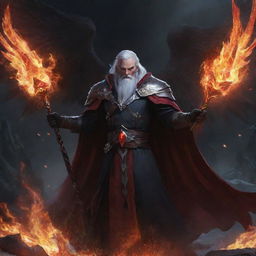 Swain from League of Legends with snow-white hair, holding an enigmatic jeweled staff, shrouded in darkness, his fiery red wings unfurled amidst a blaze, his vivid red arcane magic providing stark contrast against the obsidian battlefield.