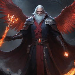 Swain from League of Legends with snow-white hair, holding an enigmatic jeweled staff, shrouded in darkness, his fiery red wings unfurled amidst a blaze, his vivid red arcane magic providing stark contrast against the obsidian battlefield.