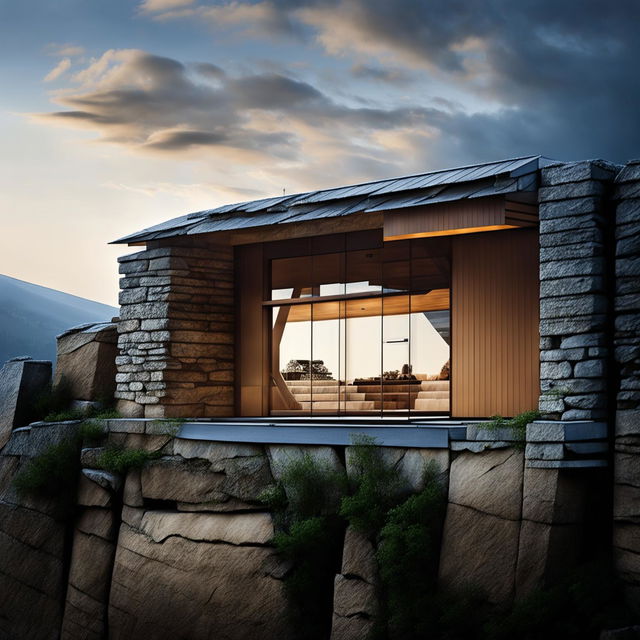 An ultra-realistic HD close-up by Simon Devitt featuring a minimalist modern architectural cabin with a flat roof, made from stone and timber, set against a long exposure background in the evening light.