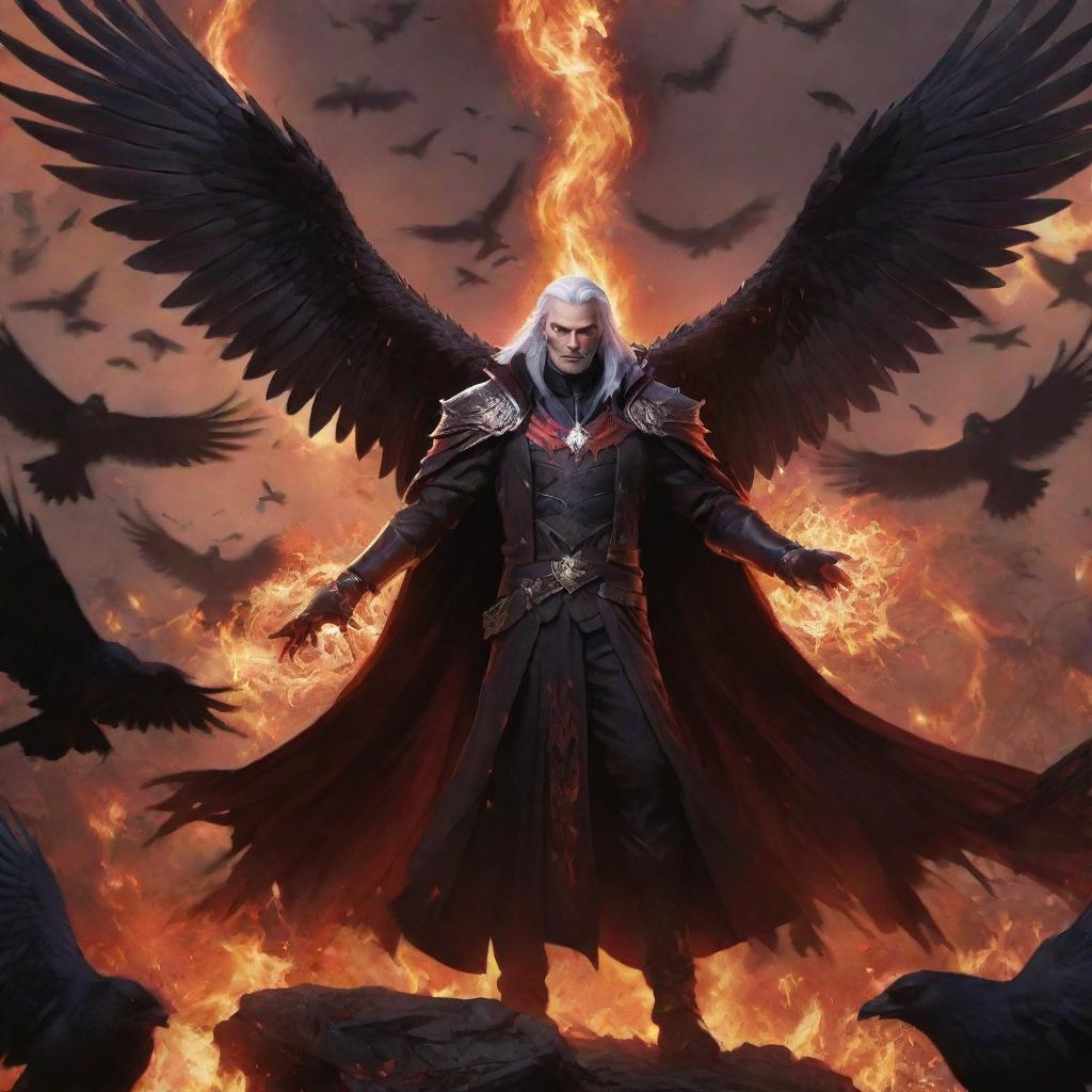 Swain from League of Legends, with his bright white hair and a mystical staff, amid a swarm of ravens, is enveloped in darkness. His radiant red wings spread wide within a surrounding inferno, casting luminous red arcane magic over a shadowy battlefield.