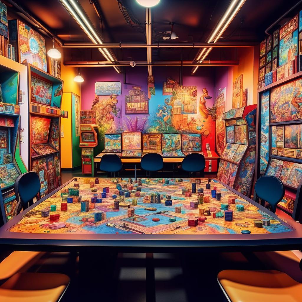 A vibrant game board room in a study hub, filled with various colorful, engaging board games spread across an inviting table, surrounded by cozy, fun-filled atmosphere.